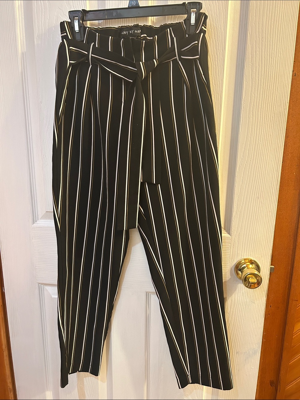 Black Pinstripe Tie-Waist Paperbag Trousers